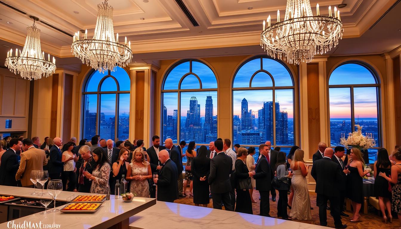 A grand ballroom with crystal chandeliers casting a warm glow over a sophisticated gathering of elegantly dressed guests, enjoying a diverse selection of gourmet hors d'oeuvres and signature cocktails. In the foreground, a sleek contemporary bar with a marble countertop and brushed metal accents. Towering arched windows offer a breathtaking view of the city skyline at dusk, the skyscrapers illuminated against a twilight backdrop. The overall atmosphere exudes a sense of refined luxury and exclusivity, perfectly suited for a memorable wedding reception.