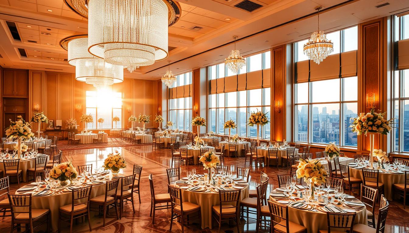 A grand ballroom with sparkling chandeliers and towering ceilings, the marble floors reflecting the warm, golden light. Lush floral arrangements adorn the tables, each one a work of art. Large windows offer sweeping views of the Manhattan skyline, bathed in the soft glow of the setting sun. Elegant place settings and fine china hint at the impeccable service. The atmosphere exudes a sense of luxury and timeless sophistication, perfectly suited for a large, opulent wedding celebration.