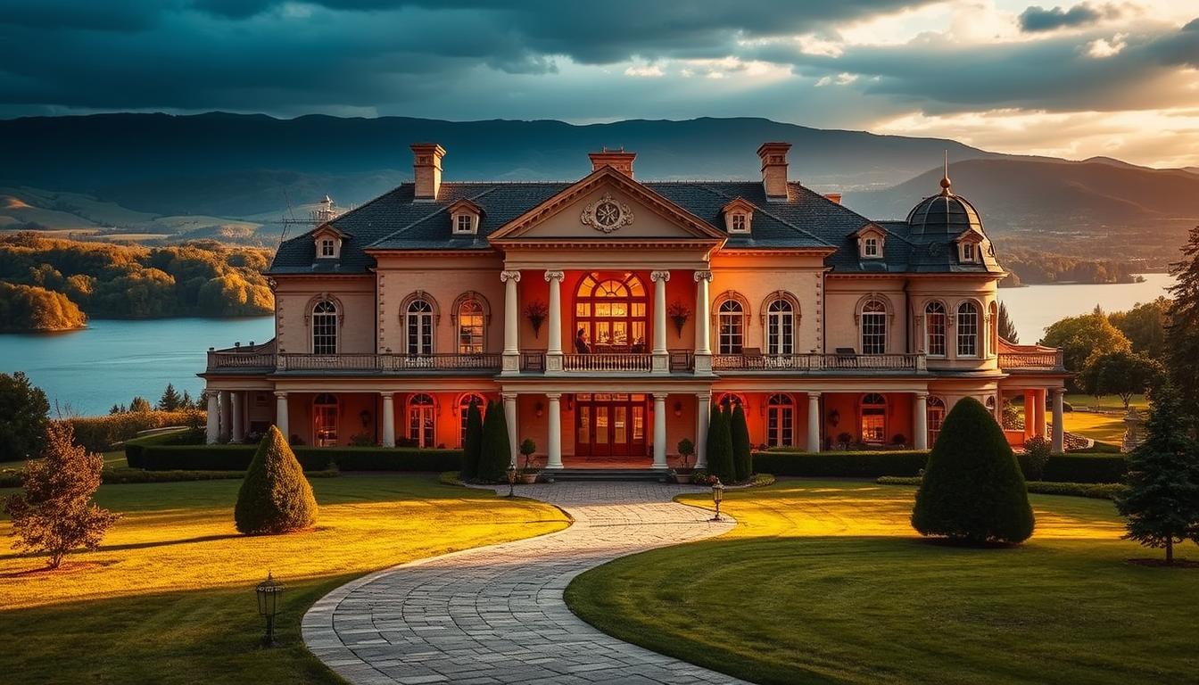 A grand, historic mansion stands majestically against a backdrop of lush, rolling hills and a picturesque lake. The stately facade, adorned with intricate architectural details, exudes an air of elegance and timelessness. Dramatic lighting casts warm, golden hues across the scene, highlighting the mansion's ornate columns, arched windows, and carefully manicured gardens. In the foreground, a winding stone pathway leads towards the grand entrance, inviting guests to step into this magnificent, historic wedding venue. The overall atmosphere is one of refined sophistication and timeless charm, creating the perfect setting for a breathtaking, unforgettable celebration.