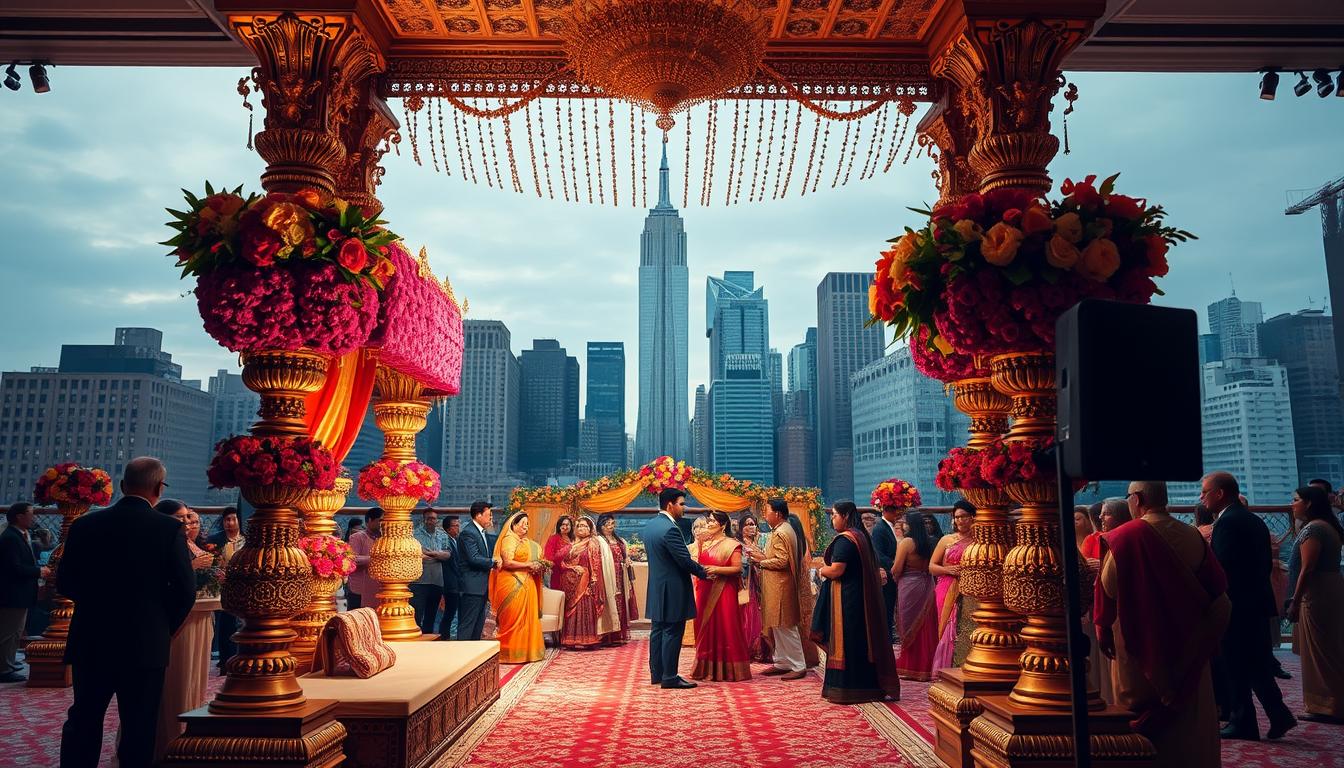 A grand, ornate Indian wedding venue nestled in the heart of New York City. The foreground showcases an intricate mandap structure adorned with vibrant floral arrangements, traditional fabrics, and gleaming brass accents. In the middle ground, guests in vibrant saris and sherwanis mingle amidst the opulent decor, capturing the joyous atmosphere. The background reveals the iconic Manhattan skyline, its towering skyscrapers providing a striking contrast to the cultural richness of the celebration. The lighting is warm and inviting, casting a soft glow over the scene and creating an intimate, welcoming ambiance. The overall composition captures the perfect blend of Indian tradition and New York's urban elegance, making it an idyllic setting for a memorable Indian wedding.