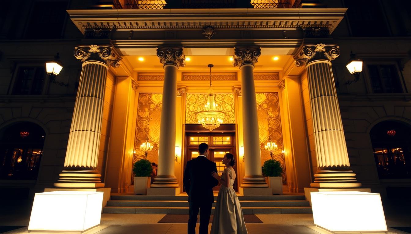 A grand, ornate New York City wedding venue, its facade illuminated by warm, golden lighting. Elegant columns frame the entrance, leading to a grand lobby with high ceilings and intricate architectural details. In the foreground, a couple stands outside, admiring the venue and discussing their reservation options. The scene conveys a sense of anticipation and excitement, reflecting the unique, exclusive nature of this sought-after wedding destination. The overall atmosphere evokes the timeless sophistication and grandeur of a historic New York setting, inviting the viewer to imagine the unforgettable event that could take place within.