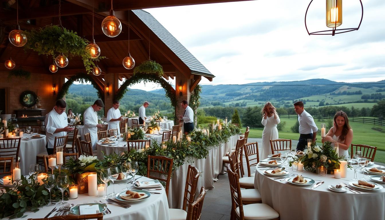 A grand, rustic wedding reception in a Virginia countryside estate. Elegant tables adorned with lush greenery and flickering candles, set amidst the soft, warm glow of Edison bulbs. Chefs in crisp white uniforms tenderly plate sumptuous courses, from locally-sourced meats and produce. Waitstaff move gracefully between tables, offering fine wine and attentive service. In the background, rolling hills and a cloudless sky create a picturesque, serene backdrop. The scene exudes a sense of timeless sophistication and attention to every culinary detail, capturing the essence of Virginia wedding catering.