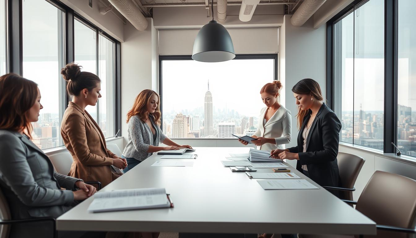A group of fashionably dressed professionals in a modern, minimalist NYC office space, gathered around a conference table discussing wedding planning details. Soft, natural lighting filters through large windows, creating a warm, collaborative atmosphere. In the foreground, a team of diverse individuals - a savvy event planner, a detail-oriented coordinator, a creative graphic designer, and a poised bridal stylist - intently reviewing checklists, mood boards, and schedules. In the background, a panoramic view of the Manhattan skyline, hinting at the grand scale of the upcoming wedding celebration. Crisp, clean lines, muted tones, and a sense of organization and efficiency permeate the scene.