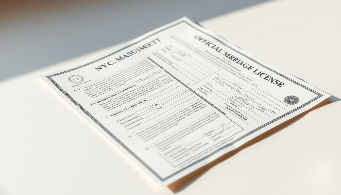 A high-resolution close-up of an official NYC marriage license document laid flat on a plain white surface, illuminated by soft, natural daylight. The document is opened to reveal the detailed legal text, stamps, and signatures in crisp clarity. The edges of the paper are slightly worn, adding a sense of authenticity. The overall mood is formal and official, reflecting the gravity of the legal process. The frame captures the full width of the document, filling the frame without any distracting elements in the background.