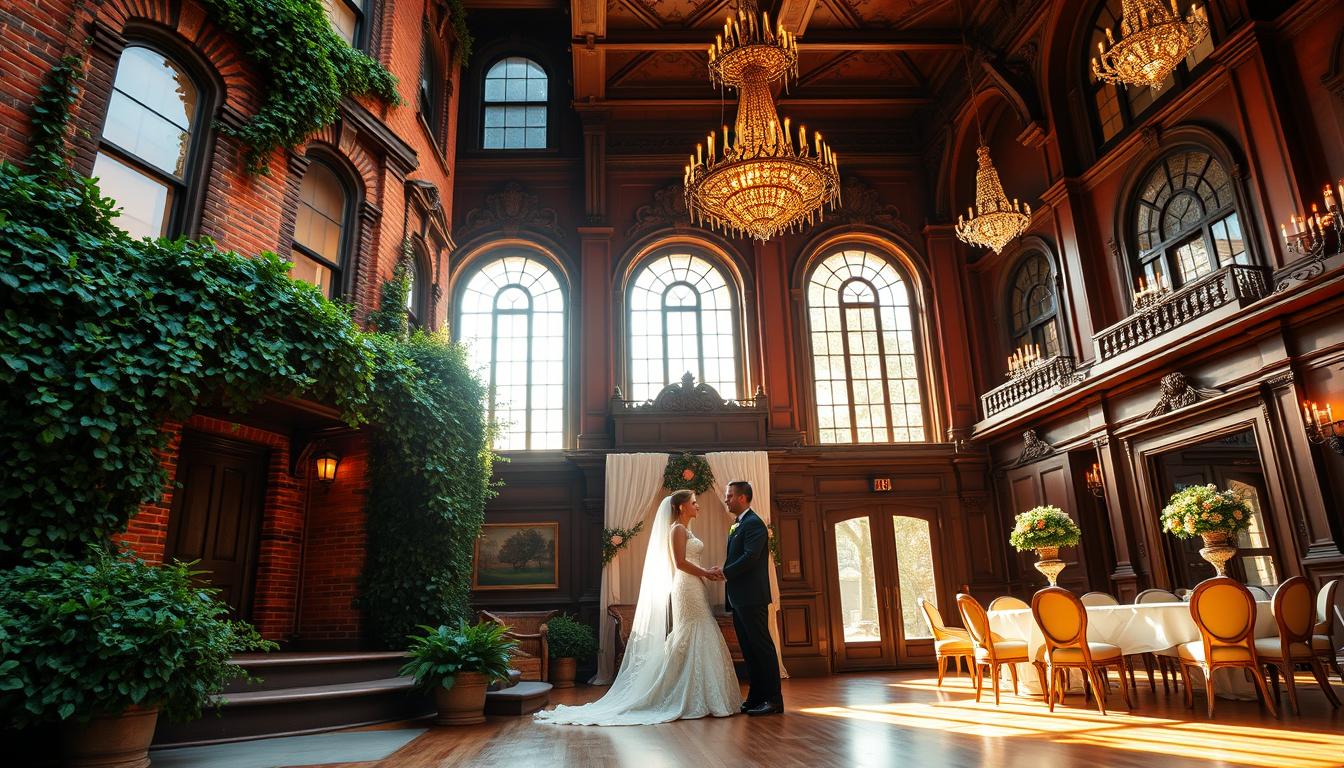 A historic brownstone facade, its intricate brickwork and ornate details bathed in warm, golden light. Lush, ivy-covered walls frame the entrance, creating a romantic, timeless ambiance. Inside, a grand ballroom with soaring ceilings, ornate chandeliers, and elegant, antique-inspired furnishings. Tall, arched windows allow soft, natural light to pour in, illuminating the rich, wood-paneled walls and gleaming hardwood floors. Couples exchange vows against a backdrop of historic architectural grandeur, creating an intimate, unforgettable wedding experience.
