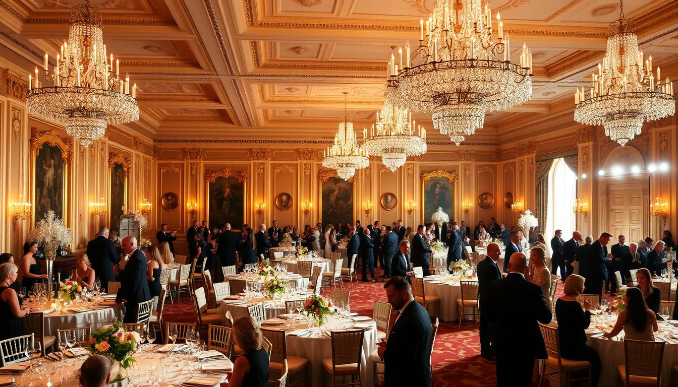 A lavish ballroom illuminated by grand crystal chandeliers, its gilded walls adorned with intricate moldings. Elegant round tables draped in fine linens, adorned with floral centerpieces and glimmering stemware. Wealthy guests mingle in evening attire, sipping champagne and conversing against a backdrop of live chamber music. Warm lighting casts a soft, sophisticated glow, capturing the refined atmosphere of an exclusive, high-society celebration.
