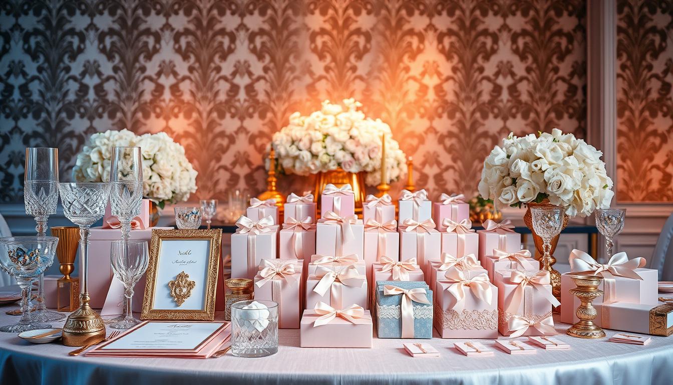 A lavish table setting with an array of elegant engagement party favors arranged in a visually striking display. In the foreground, a collection of delicate crystal glassware, gilded stationery, and decorative trinkets in soft pastel hues. The middle ground showcases intricately designed favor boxes, wrapped in luxurious fabrics and adorned with ribbons and lace. In the background, a backdrop of ornate wallpaper in a muted color palette, creating a refined and sophisticated ambiance. Soft, warm lighting gently illuminates the scene, casting a flattering glow on the carefully curated details. The overall composition exudes an air of refined elegance, perfectly capturing the essence of a chic engagement party.