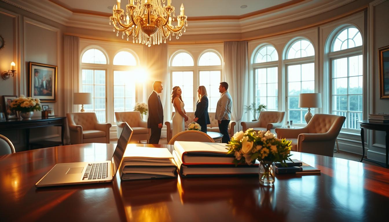 A lavish wedding planning office in Charleston, South Carolina, illuminated by warm, golden light streaming through large windows. In the foreground, a polished wooden desk is adorned with a laptop, a wedding planner's binder, and a vase of fresh flowers. In the middle ground, a team of wedding planners in professional attire consult with a couple, discussing details of their big day. The background showcases elegant decor elements, such as a chandelier, plush armchairs, and framed artwork on the walls, creating a sophisticated ambiance. The scene conveys the personalized, high-quality services available for couples planning their South Carolina wedding.