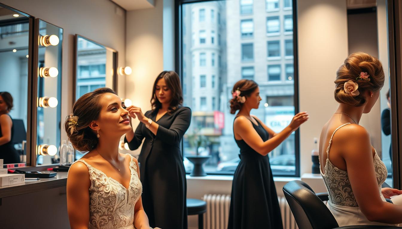 A lively, elegant wedding scene in a modern salon in the heart of New York City. In the foreground, a bride-to-be sits gracefully as a skilled makeup artist applies natural-looking cosmetics, highlighting her features. In the middle ground, a hairstylist, with deft movements, creates an intricate updo, weaving ribbons and delicate flowers into the style. The background features minimalist decor - sleek mirrors, chrome fixtures, and a large window offering a glimpse of the bustling NYC streets outside. Soft, warm lighting casts a romantic glow, conveying a sense of professionalism and luxury. The overall atmosphere exudes the perfect balance of city sophistication and bridal bliss.
