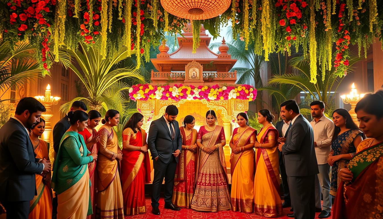 A lush, elegant Indian wedding setting with a team of experienced planners at the forefront. In the foreground, a diverse group of wedding professionals - decked in vibrant, traditional attire - collaborate to finalize intricate details. The middle ground showcases a stunning backdrop of traditional Indian architecture, lush greenery, and vibrant florals, creating an immersive atmosphere. Warm, golden lighting bathes the scene, evoking the joyous spirit of an Indian celebration. The overall composition conveys the expertise, creativity, and attention to tradition that defines the best Indian wedding planners in New York.