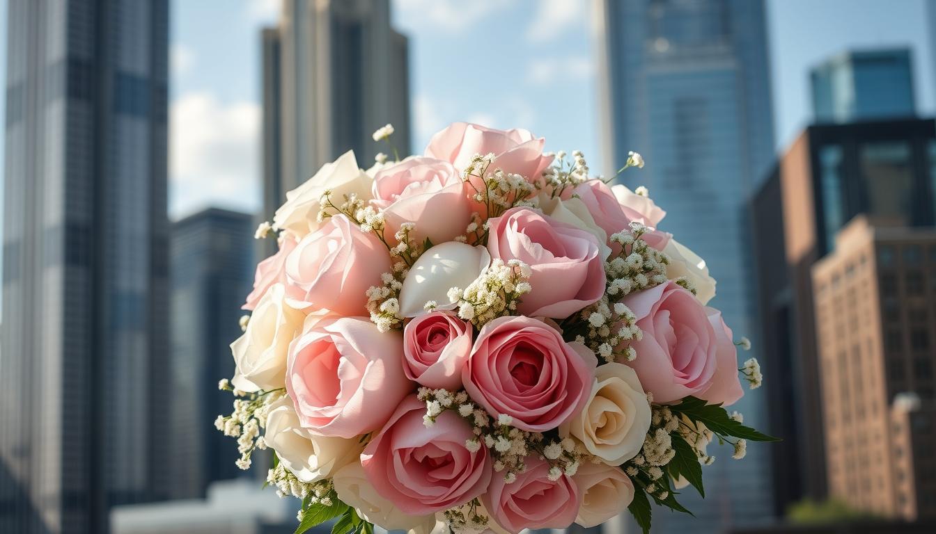 A lush, romantic bouquet of wedding flowers in the bustling heart of Manhattan. Elegant white roses, soft pink peonies, and delicate baby's breath are artfully arranged, their petals gently swaying in the gentle breeze. The bouquet is captured in a warm, natural light, the flowers' vibrant hues and delicate textures showcased against the iconic skyline of towering skyscrapers in the background. The composition is centered, with a shallow depth of field that draws the eye to the main floral display. An intimate, timeless scene that captures the essence of high-end floral design for a New York City wedding.