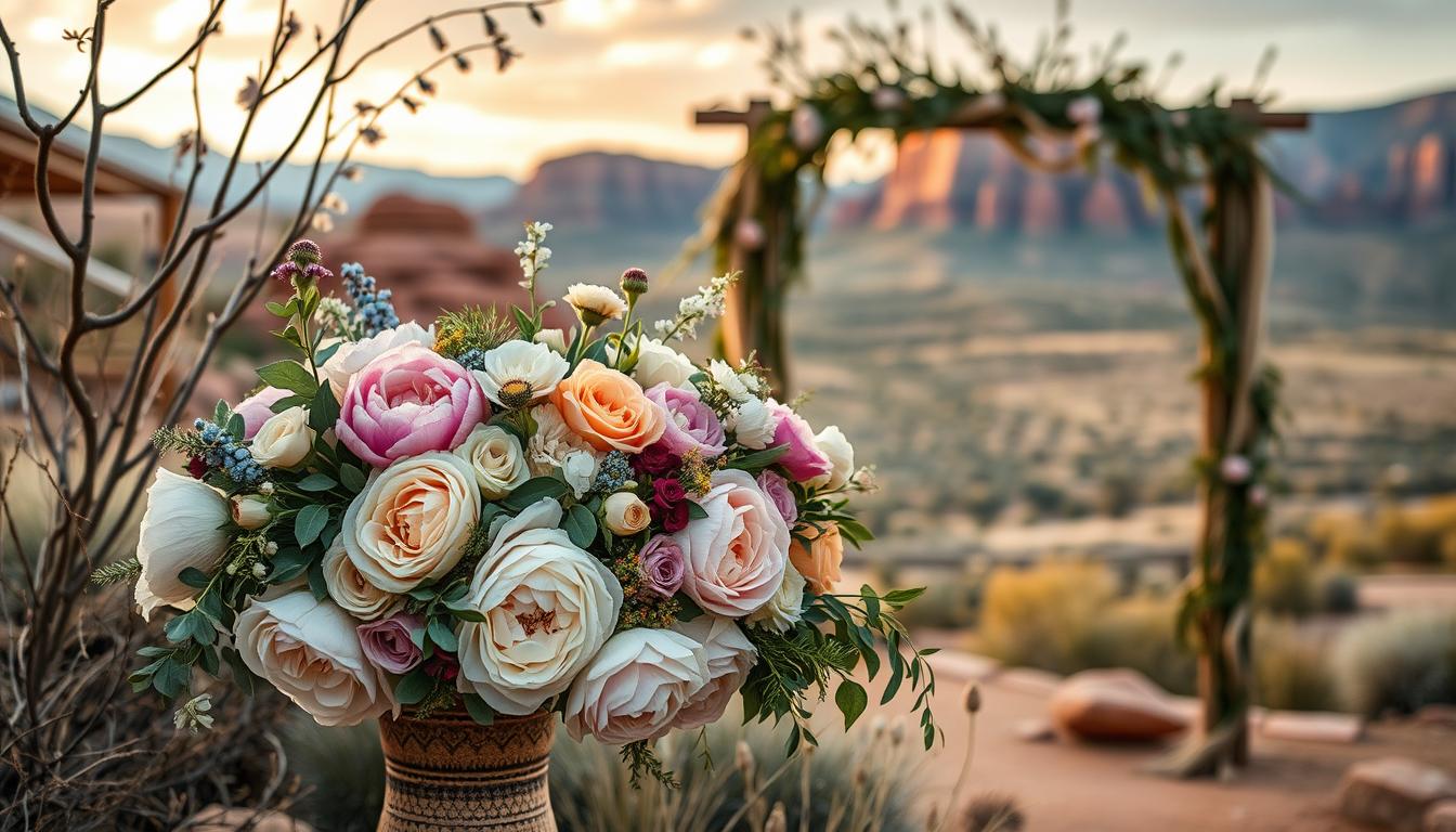 A lush, rustic wedding floral arrangement nestled among natural Utah scenery. In the foreground, a cascading bouquet of vibrant peonies, garden roses, and eucalyptus, artfully arranged in a vintage-inspired ceramic vase. The middle ground features a delicate arch adorned with trailing vines, wildflowers, and soft, romantic lighting. In the background, a picturesque vista of red rock formations and rolling hills, bathed in the warm glow of a golden hour sunset. The overall composition conveys a sense of natural elegance and the serene beauty of a Utah wedding celebration.