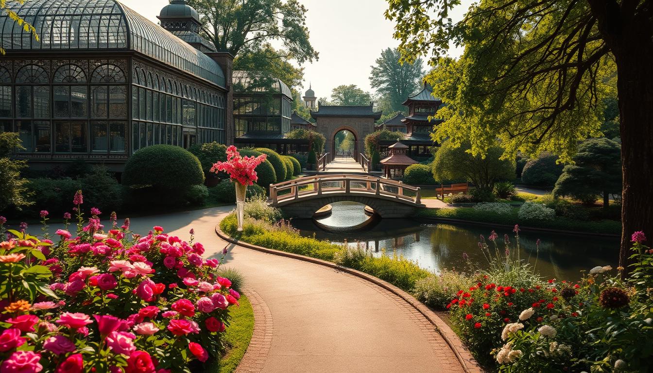 A lush, sprawling garden oasis in the heart of Brooklyn, the Brooklyn Botanic Garden offers a serene, enchanting venue for a romantic wedding. Capture the tranquil ambiance with a wide-angle shot showcasing the ornate Beaux-Arts-style glasshouse, its intricate ironwork glittering in the warm afternoon sun. In the foreground, a path winds through a tapestry of vibrant blooms and verdant foliage, leading the eye towards the centerpiece, a picturesque stone bridge arching over a glistening pond. In the distance, the historic Japanese Hill-and-Pond Garden adds an air of timeless elegance, its pagodas and bridges reflected in the still waters. Bathe the scene in soft, diffused lighting to evoke a dreamy, fairytale-like atmosphere, perfect for an enchanting garden wedding.