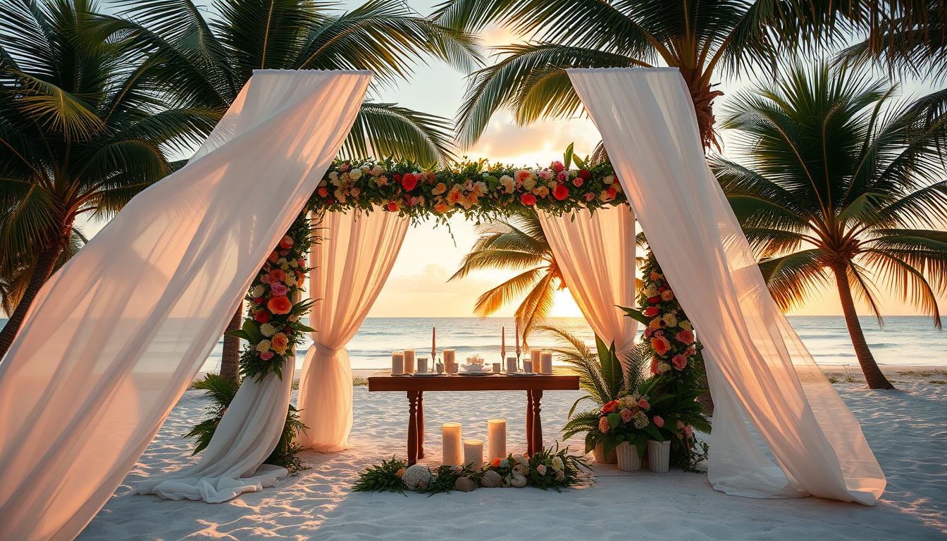 A lush tropical beach wedding design with a dreamy, romantic atmosphere. In the foreground, an elegant arch draped with vibrant flowers and greenery stands tall, framing the serene ocean view. Flowing white chiffon curtains sway gently in the warm breeze. At the center, a wooden table is adorned with tropical foliage, seashells, and candles, casting a soft, golden glow. In the background, palm trees sway overhead, their fronds creating dappled shadows on the pristine white sand. The image is captured with a wide-angle lens, creating a sense of depth and grandeur, with the sun setting over the horizon, painting the sky in hues of orange and pink.