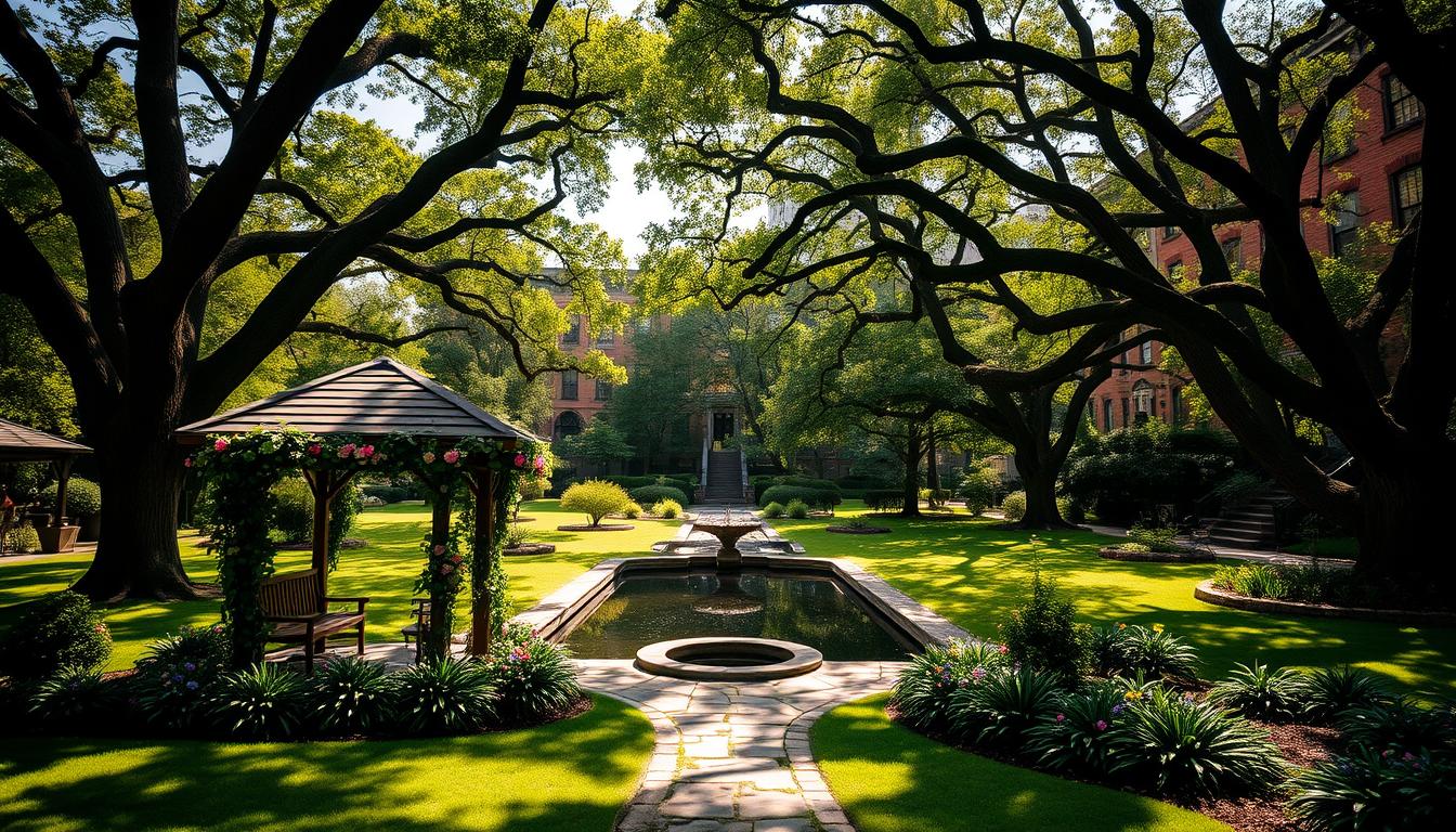 A lush, verdant garden oasis in the heart of Harlem, with towering oak trees casting gentle shadows across a beautifully manicured lawn. In the foreground, a charming wooden gazebo adorned with cascading vines and vibrant blooms, the perfect setting for an intimate outdoor wedding ceremony. The middle ground features a meandering stone pathway leading to a serene reflecting pool, its surface mirroring the azure sky above. In the background, the stately brownstone facades of historic Harlem landmarks provide a timeless, urban backdrop, complementing the natural beauty of the venue. Soft, warm lighting filters through the foliage, creating a romantic, dreamlike atmosphere, as if time has stood still for this special occasion.