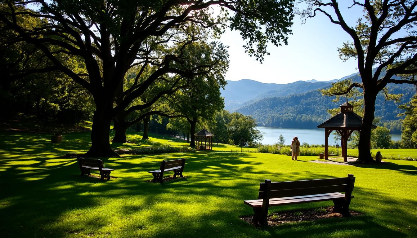 A lush, verdant meadow nestled against the rugged peaks of the Catskill Mountains, dotted with charming wooden gazebos and rustic, hand-crafted benches. Sunlight filters through the canopy of ancient oak trees, casting a warm, golden glow across the scene. In the distance, a serene lake reflects the surrounding natural beauty, inviting guests to stroll along its peaceful shores and explore the nearby hiking trails. The overall atmosphere exudes a sense of tranquility and timeless elegance, perfectly suited for an enchanting outdoor wedding celebration.