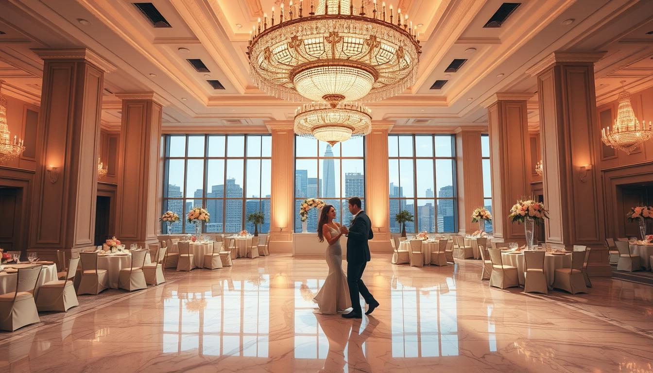 A luxurious New York City hotel ballroom flooded with soft, warm lighting, gleaming marble floors, and ornate crystal chandeliers that cast a romantic glow. Towering columns support a high, vaulted ceiling, while floor-to-ceiling windows offer a breathtaking view of the Manhattan skyline. Elegant ivory-draped tables are adorned with cascading floral centerpieces and fine china, creating an atmosphere of refined sophistication. Couples sway gracefully on the dance floor, surrounded by a opulent ambiance that evokes the grandeur of a bygone era.
