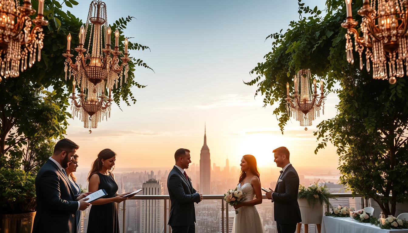A luxurious rooftop terrace in Manhattan, adorned with elegant crystal chandeliers and lush, verdant foliage. In the foreground, a group of impeccably dressed wedding planners discuss intricate details with a couple, their expressions animated as they showcase various floral arrangements and decorative elements. The middle ground features a panoramic view of the iconic Manhattan skyline, bathed in the warm glow of the setting sun. The atmosphere is one of refined sophistication, where every element is meticulously curated to create a truly memorable and exclusive wedding experience.