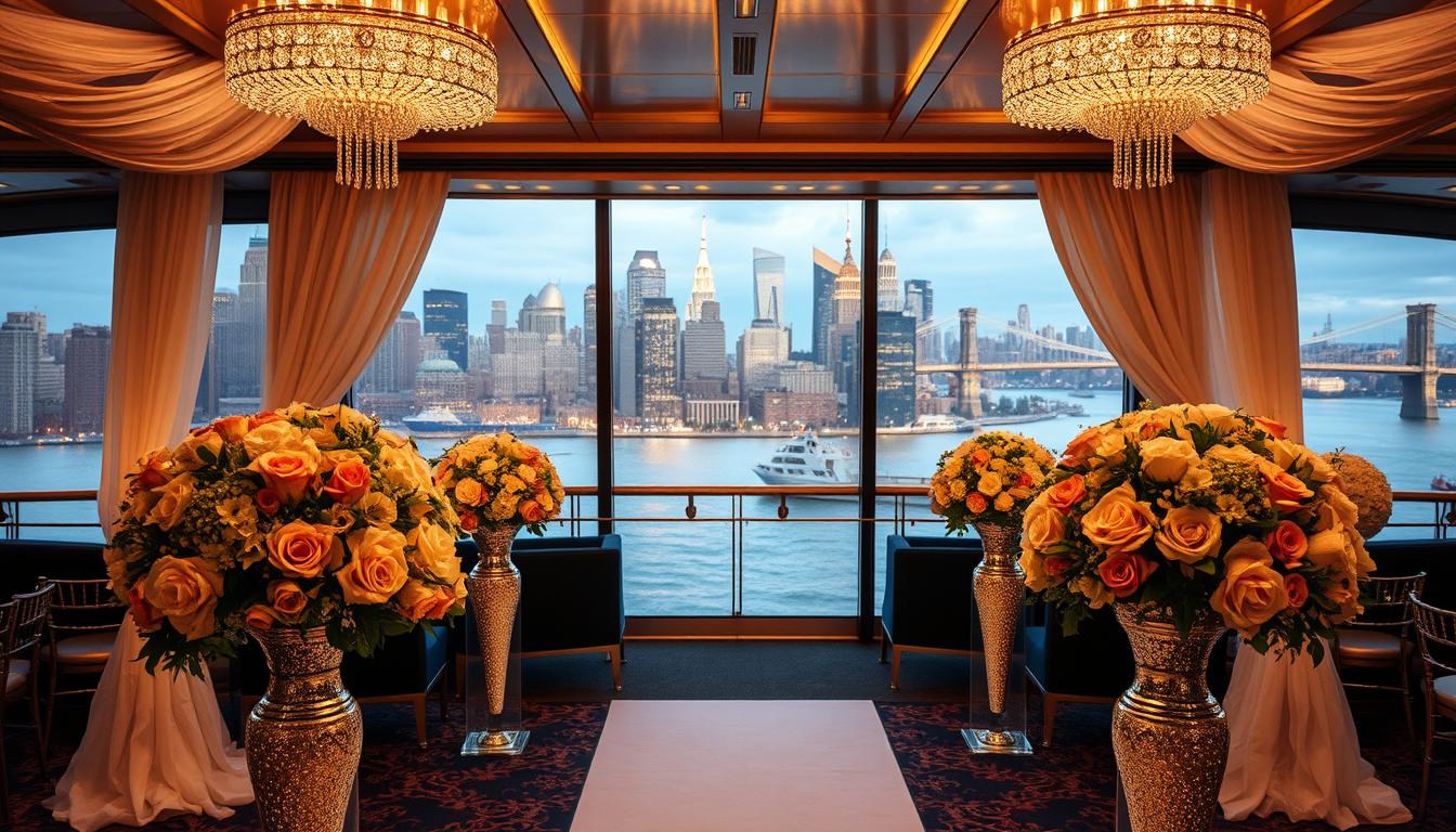A luxurious wedding cruise in New York City, with opulent decorations reflecting the grandeur of the Manhattan skyline. The foreground showcases elegant floral arrangements in shimmering vases, complemented by cascading white drapery and sparkling crystal chandeliers overhead. The middle ground features a panoramic view of the iconic skyscrapers and bridges through the ship's floor-to-ceiling windows, bathed in warm, golden lighting. In the background, the serene waters of the Hudson River frame the scene, creating a serene and sophisticated ambiance perfect for a celebration of love.