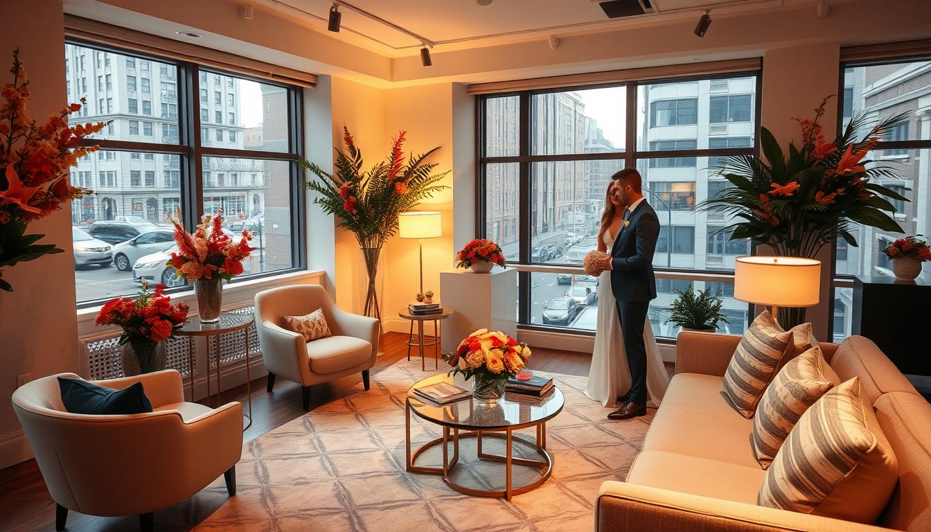 A luxurious wedding planning office in the heart of New York City, featuring a modern, minimalist aesthetic with sleek furniture, vibrant floral arrangements, and large windows overlooking the bustling city streets. The space exudes elegance and professionalism, with carefully curated decor that sets the tone for a high-end, personalized wedding planning experience. Warm lighting casts a soft glow, creating a welcoming and calming atmosphere. In the foreground, a well-dressed wedding planner consults with a couple, discussing intricate details and personalized touches for their dream wedding day.