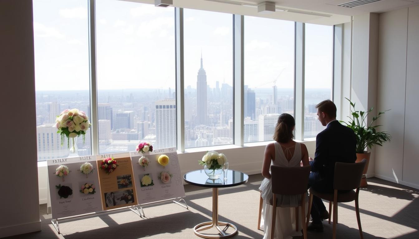 A modern, minimalist wedding venue in New York City, with clean lines and natural light streaming through large windows. In the foreground, a couple sits at a small, round table, reviewing options for an affordable, all-inclusive wedding package. The middle ground features a display of sample floral arrangements and table settings, showcasing the variety of budget-friendly options available. In the background, a panoramic view of the Manhattan skyline provides a stunning, urban backdrop. The overall atmosphere is warm, intimate, and focused on finding an economical solution for a memorable NYC wedding.