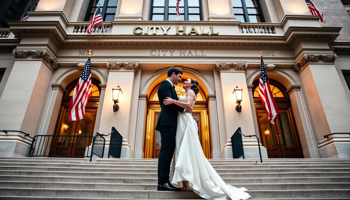 A newly married couple standing on the steps of City Hall in New York City, the iconic architecture and American flags in the background. The bride in a flowing white dress and the groom in a classic black tuxedo, their faces lit by soft, warm lighting as they embrace and gaze lovingly into each other's eyes. The mood is one of pure joy and celebration, capturing the magic and significance of this special moment in their lives. The image is captured from a slight low angle, giving a sense of grandeur and importance to the scene.