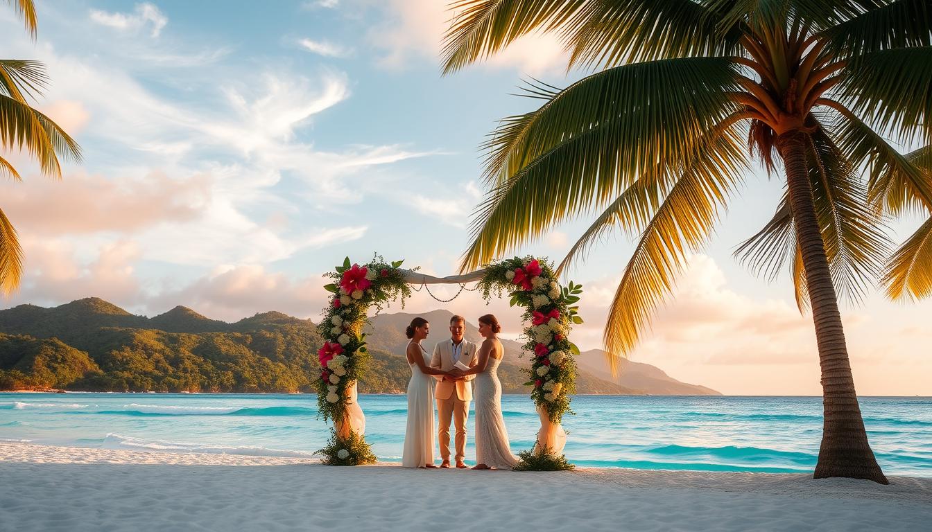 A picturesque beach destination with swaying palm trees, soft white sand, and crystal-clear turquoise waters. In the foreground, a romantic wedding arch adorned with lush tropical blooms, casting a warm, golden glow under the setting sun. Couples, dressed in elegant attire, exchange vows as they stand hand-in-hand, surrounded by a small gathering of loved ones. In the middle ground, a backdrop of rolling hills and lush greenery, creating a serene and secluded atmosphere. The background features a stunning panoramic view of the tranquil ocean, with wispy clouds and a vibrant, colorful sky. The overall scene exudes a sense of timeless beauty, perfect for a magical beach wedding.
