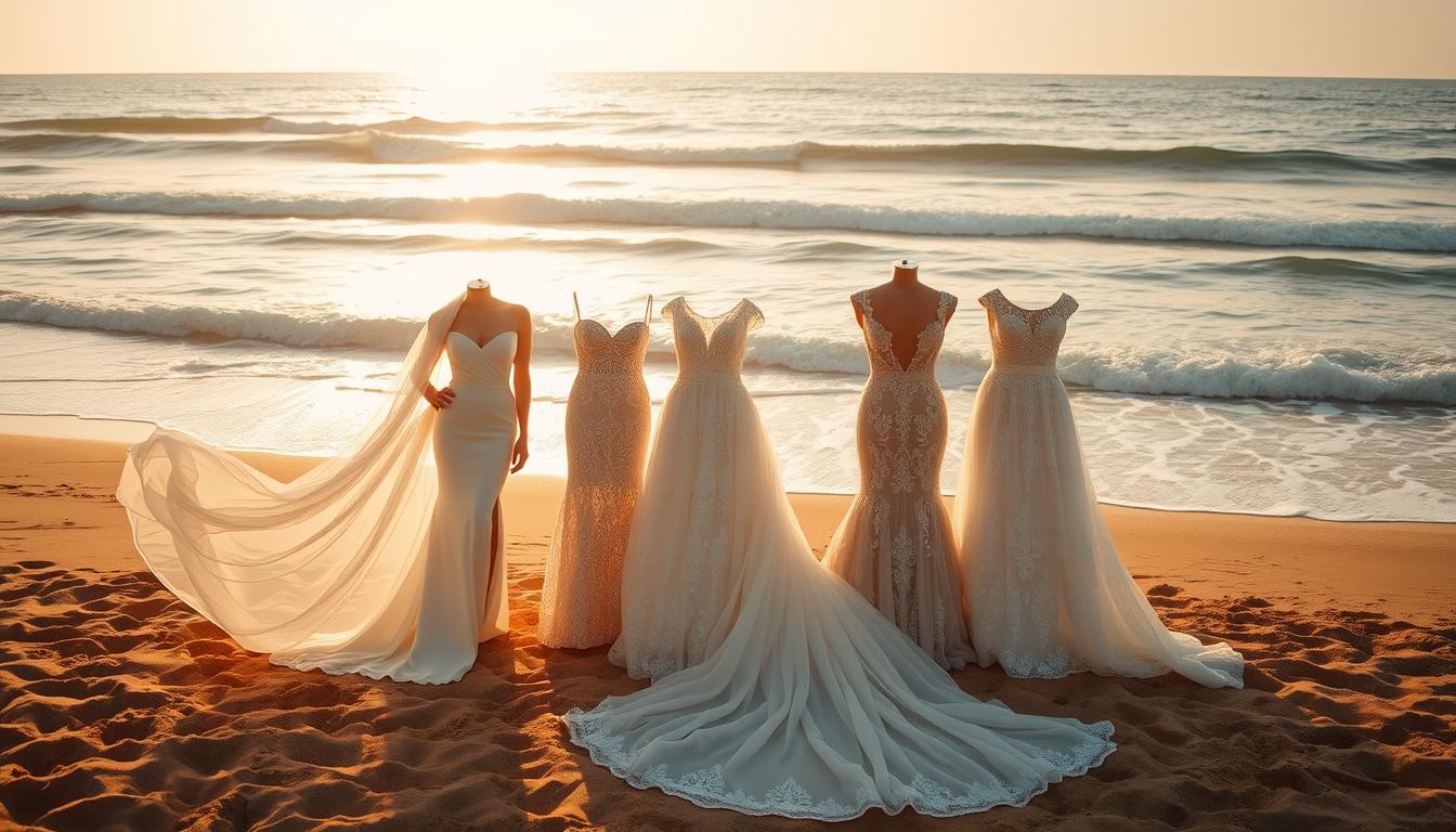 A picturesque beach setting, golden sand and gentle waves as the backdrop. In the foreground, a stunning array of beach wedding dress styles - from flowing, ethereal chiffon to structured lace designs, each silhouette showcasing the natural beauty of the seaside locale. Warm, diffused lighting casts a romantic glow, highlighting the intricate details and delicate fabrics. The dresses are arranged in an artful, editorial-style composition, inviting the viewer to envision themselves in these enchanting, destination-inspired bridal looks. An image that captures the essence of a breathtaking beach wedding celebration.