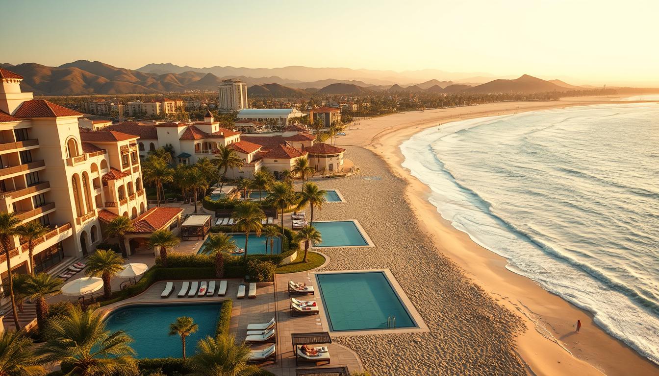 A picturesque coastline adorned with luxurious beachfront resorts, where the golden sands meet the azure waters of the Pacific. Elegant hotel facades in a Mediterranean-inspired architectural style, with lush tropical gardens and inviting swimming pools. Guests relaxing on private cabanas, sipping refreshing cocktails as the warm California sun casts a soft, golden glow across the scene. In the distance, rolling hills dotted with swaying palm trees form a serene backdrop, creating a serene and indulgent atmosphere. A wide-angle lens captures the sprawling, resort-like setting, showcasing the quintessential California beach lifestyle in all its splendor.