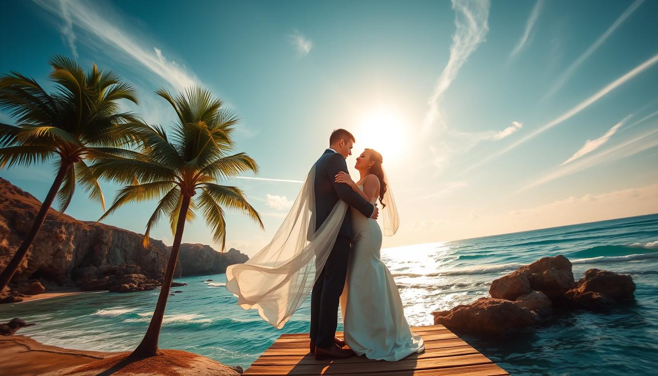 A picturesque oceanfront wedding scene. The sun's golden rays cast a warm glow over the serene, azure waters. In the foreground, a couple embraces, their formal attire flowing gracefully in the gentle sea breeze. Wispy clouds dot the sky, adding depth and drama to the romantic atmosphere. The couple stands on a wooden dock, surrounded by lush palm trees swaying rhythmically. Captured with a wide-angle lens, the image showcases the breathtaking natural backdrop - the rugged cliffs, the endless horizon, and the tranquil waves lapping against the shore. This idyllic setting evokes a sense of timeless elegance and the enchanting allure of an oceanfront wedding.