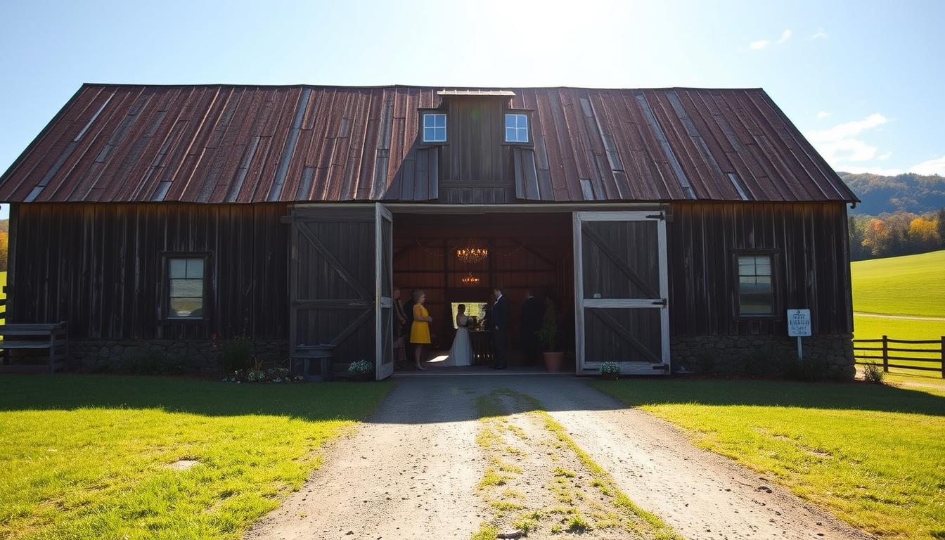 A picturesque old barn nestled in the rolling hills of upstate New York, its weathered wood and rustic charm providing a stunning backdrop for an affordable country wedding. Warm sunlight filters through the open barn doors, illuminating the well-tended gardens and verdant meadows that surround the property. A dirt path leads visitors towards the entrance, inviting them to explore the charming venue. The barn's interior features exposed beams, vintage chandeliers, and a cozy atmosphere perfect for an intimate celebration. Guests mingle and admire the breathtaking views of the Catskill Mountains in the distance, appreciating the tranquil, countryside ambiance.