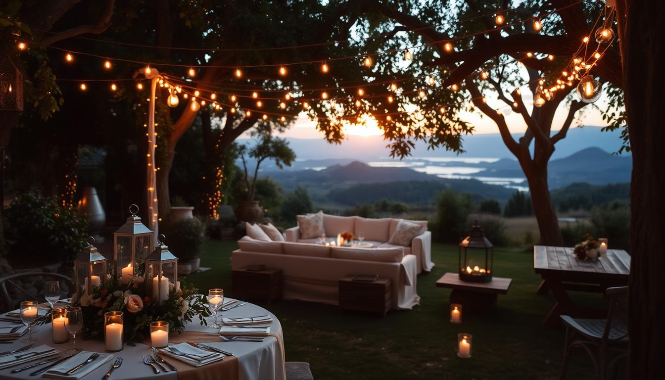 A picturesque outdoor venue set amidst lush greenery and twinkling string lights. In the foreground, a beautifully decorated table with elegant tableware, fresh florals, and glowing lanterns. In the middle ground, a cozy lounge area with plush seating and rustic wooden accents. The background features a stunning natural backdrop, perhaps rolling hills or a serene lake, bathed in the warm glow of a setting sun. The overall atmosphere is intimate, romantic, and celebratory, perfect for an engagement party under the open sky.