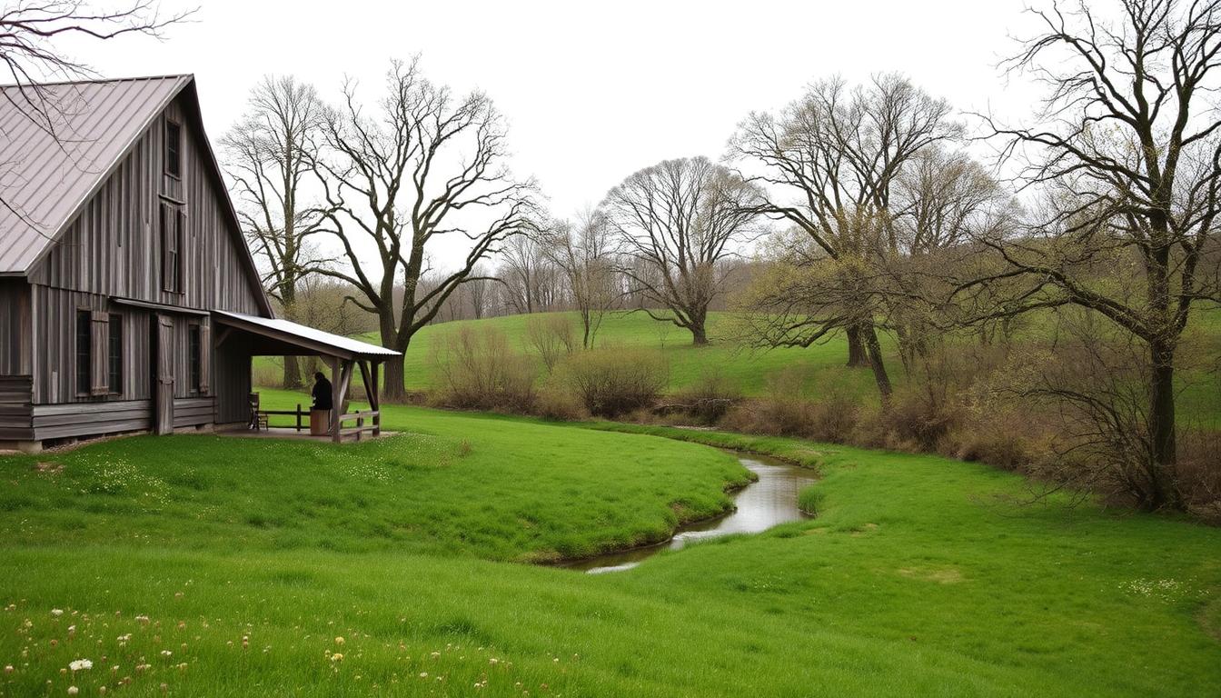 A picturesque spring wedding venue nestled in the rolling hills of Upstate New York. The foreground features a charming rustic barn with weathered wooden siding, surrounded by lush green meadows dotted with wildflowers. In the middle ground, a winding stream reflects the soft, diffused lighting of the overcast sky, creating a serene and tranquil atmosphere. The background showcases a line of towering oak trees, their newly budding leaves casting dappled shadows across the scene. The overall mood is one of natural elegance and enchantment, perfectly suited for a romantic springtime celebration.