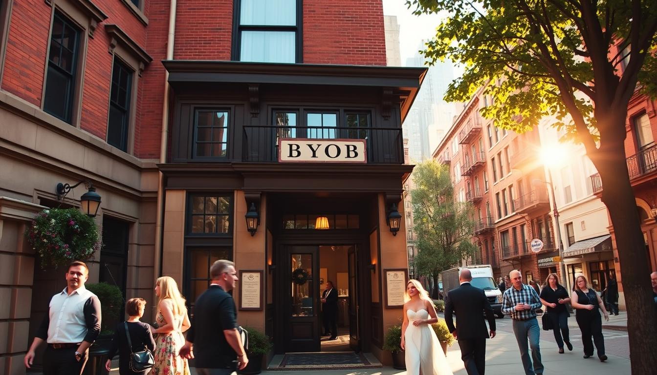 A picturesque street in a lively New York neighborhood, with charming brownstone buildings lining the sidewalks. In the foreground, a group of people gather outside a historic wedding venue, its inviting entryway adorned with a tasteful "BYOB" sign. The warm, afternoon sunlight casts a soft glow, creating a welcoming ambiance. Couples stroll by, admiring the elegant facades and considering the venue for their special day. The background features a mix of residential and commercial structures, hinting at the vibrant community that surrounds this popular BYOB wedding destination.