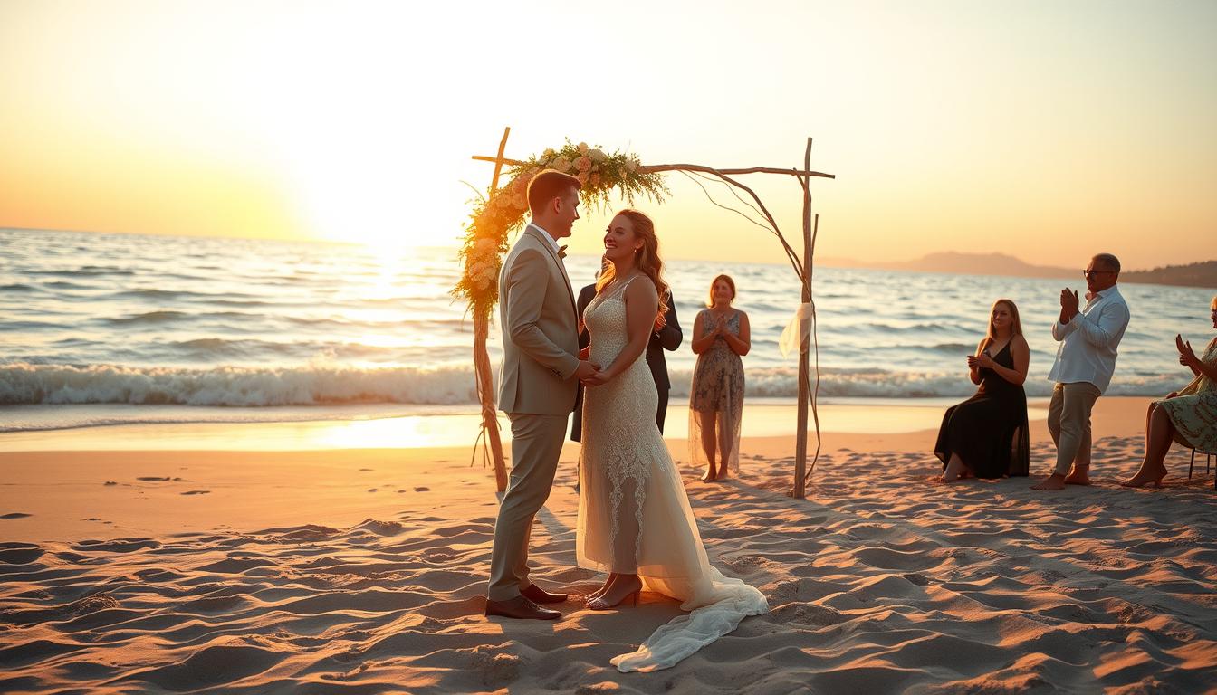 A private beach wedding ceremony at golden hour. In the foreground, a couple stands hand-in-hand on the soft, sun-kissed sand, their faces aglow with joy. Behind them, a delicate arch of driftwood and flowers frames the scene, casting a romantic silhouette against the gentle waves lapping the shore. In the middle ground, a few close friends and family members observe the moment, their laughter and applause carried on the salty breeze. In the distance, the horizon glows with a breathtaking sunset, the colors reflected in the tranquil waters. Cinematic lighting, a shallow depth of field, and a dreamy, ethereal atmosphere evoke the allure of an intimate, seaside celebration.