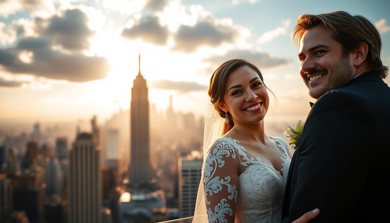 A professional photographer capturing a couple's special day in the bustling city of New York. The foreground features the newlyweds posing gracefully, their faces filled with joy and love. The middle ground showcases the iconic Manhattan skyline, with the Empire State Building towering in the distance. The background is illuminated by warm, golden sunlight that filters through the clouds, creating a soft, romantic atmosphere. The photographer utilizes a wide-angle lens to capture the grandeur of the scene, while also maintaining a tight focus on the couple. The result is a stunning, cinematic image that perfectly encapsulates the essence of wedding photography in the vibrant, cosmopolitan setting of NYC.