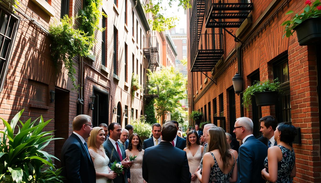 A quaint Brooklyn alleyway lined with charming brick buildings, their facades adorned with lush greenery and potted plants. Sunlight filters through the narrow passage, casting a warm, golden glow. In the foreground, a group of well-dressed wedding guests gather, their expressions animated as they share reviews and testimonials of the nearby venues. The scene evokes a sense of intimate celebration, with the historic architecture and lush urban setting providing a picturesque backdrop for the joyful conversations.