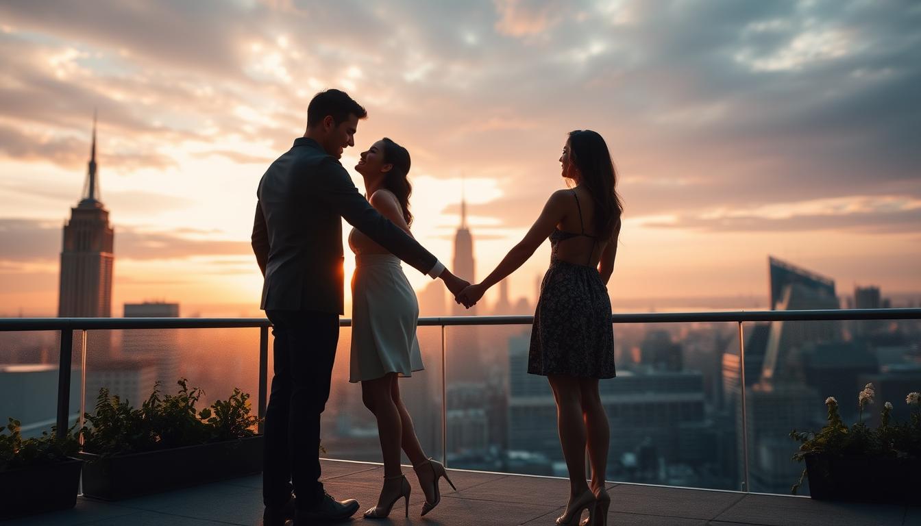 A romantic rooftop engagement photo venue in New York City, showcasing the iconic skyline and sweeping views of the city. The couple stands hand-in-hand, basking in the warm glow of the setting sun, their silhouettes framed by the dramatic cityscape. The scene is illuminated by soft, diffused lighting, creating a dreamy, intimate atmosphere. The rooftop is adorned with lush greenery, adding a touch of natural elegance to the urban setting. The camera captures the couple from a low angle, emphasizing the grandeur of the surroundings and the intimacy of their connection.