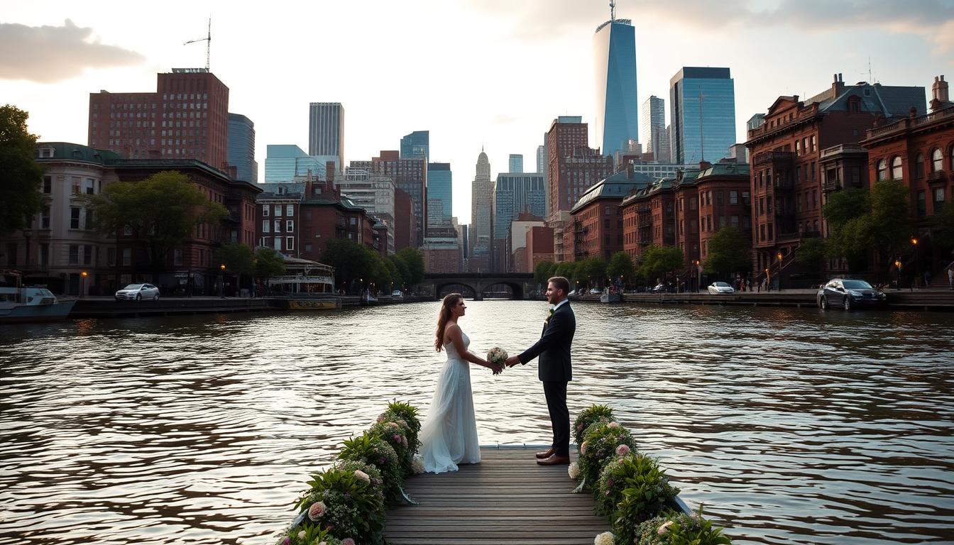A romantic waterfront scene in New York City, with a charming wedding ceremony taking place against the backdrop of the Manhattan skyline. In the foreground, a couple stands hand-in-hand on a picturesque pier, surrounded by lush greenery and delicate floral arrangements. Soft, warm lighting illuminates the couple, creating a dreamy, intimate atmosphere. In the middle ground, classic brownstone buildings line the shore, their facades reflecting in the gently lapping waters. In the distance, the iconic skyscrapers of downtown Manhattan rise majestically, creating a stunning visual contrast. The overall mood is one of elegance, natural beauty, and the promise of a lifetime of love.