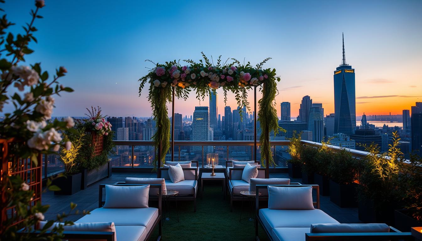 A rooftop garden oasis in the heart of New York City, with a panoramic view of the Manhattan skyline. In the foreground, a stylish wedding arch adorned with cascading greenery and delicate blooms, creating a lush, romantic atmosphere. The middle ground features rows of chic, modern lounge furniture, perfect for mingling and cocktails. The background showcases the iconic skyscrapers of the city, bathed in the golden glow of the setting sun. Warm, soft lighting illuminates the scene, casting a magical ambiance over the intimate gathering. The angle is slightly elevated, capturing the venue's elevated position and the breathtaking cityscape beyond.