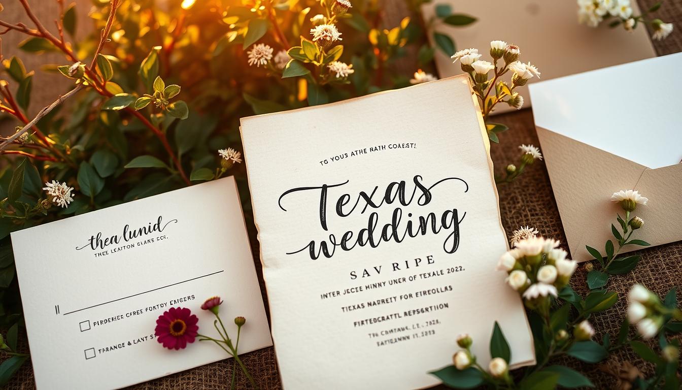 A rustic and charming Texas wedding invitation set, featuring a textured paper stock with a slight deckle edge. The design prominently displays a bold calligraphic script with a playful western-inspired flourish, set against a backdrop of lush green foliage and delicate wildflowers native to the region. Warm, golden lighting casts a soft, romantic glow, creating a sense of timeless elegance. The invitation is accompanied by matching RSVP cards and envelope liners, all adhering to a cohesive aesthetic that evokes the spirit of a quintessential Texas celebration.