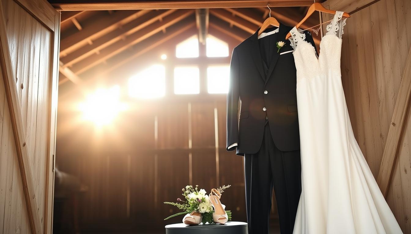 A rustic barn wedding in Tennessee, the sunlight streaming through the open doors, illuminating the elegant wedding attire on display. In the foreground, a lace-trimmed ivory gown hangs gracefully, its skirt flowing like a gentle river. Next to it, a well-tailored tuxedo in a deep charcoal hue, the crisp lines and shiny buttons reflecting the warm glow of the setting sun. In the middle ground, a pair of delicate satin high heels and a bouquet of wildflowers, a testament to the region's natural beauty. The background showcases the weathered wooden beams and exposed brickwork, creating a timeless, countryside ambiance that frames the stylish wedding ensemble. The overall scene evokes a sense of Southern charm and the enduring tradition of Tennessee nuptials.