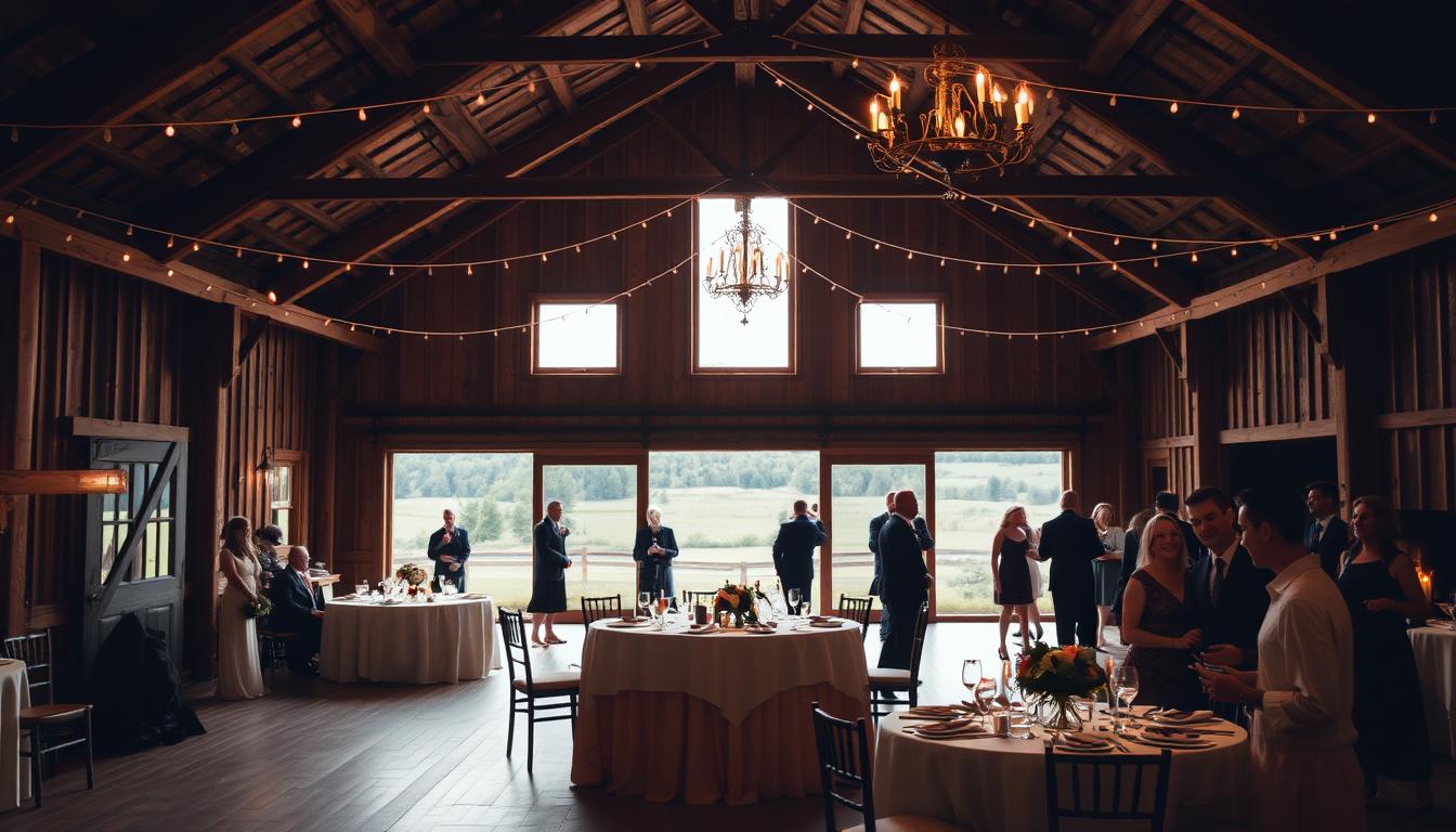 A rustic, charming barn wedding venue nestled in the rolling hills of upstate New York. A wide, wooden exterior with a pitched roof and weathered siding, surrounded by a lush, verdant landscape. The interior features exposed beams, string lights, and a cozy, intimate atmosphere, perfect for an all-inclusive celebration. Soft, warm lighting illuminates the space, casting a romantic glow over the wooden floors and elegant table settings. In the foreground, a beautifully decorated sweetheart table with antique-inspired details, while guests mingle and dance in the background, silhouetted against the picturesque countryside view through large, barn-style windows.