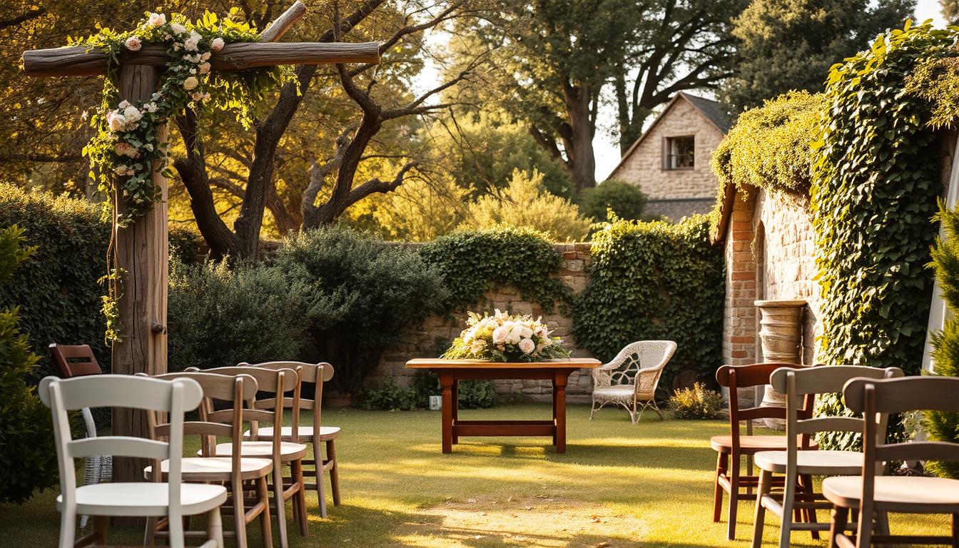 A rustic garden wedding scene with a warm, romantic atmosphere. In the foreground, a weathered wooden arch adorned with cascading flowers and vines. Mismatched vintage chairs line the aisle, leading to a lush floral arrangement on a rough-hewn wooden table. In the middle ground, a backdrop of mature trees and shrubs create a natural canopy, dappled sunlight filtering through. The background features a quaint, old-world stone wall or fence, ivy crawling along its surface. Soft, golden lighting casts a gentle glow, enhancing the earthy, organic feel. The overall composition evokes a sense of timeless, rural elegance suitable for a small, intimate garden wedding.