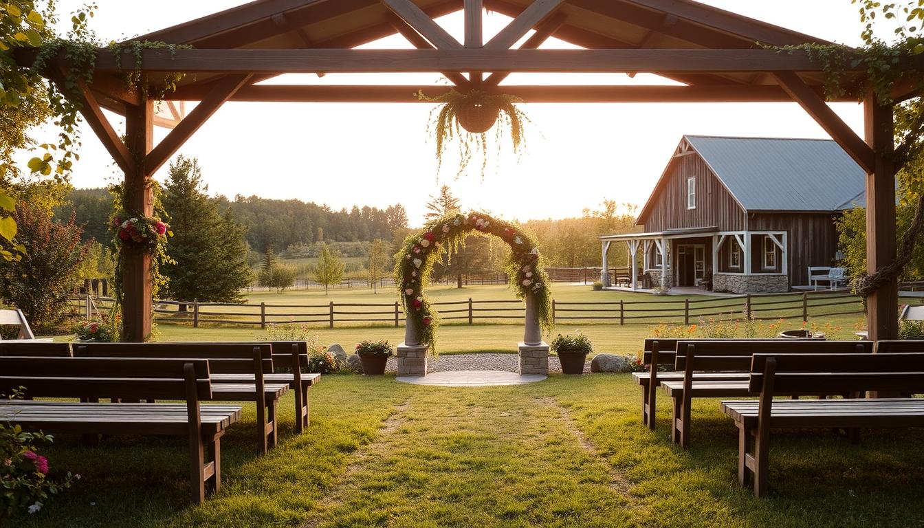 A rustic garden wedding venue nestled in the lush greenery of Upstate New York. In the foreground, a charming wooden gazebo draped with cascading vines and wildflowers. Wooden benches line the aisle, leading to a stunning stone arch adorned with cascading florals. In the middle ground, a sprawling lawn dotted with heritage apple trees and wildflowers. The background features a weathered barn, its timber frame silhouetted against a warm golden sunset. Soft natural light filters through the canopy, casting a romantic glow over the scene. The overall atmosphere is one of serene, effortless elegance - a perfect reflection of the "Unique Features of Rustic Venues".