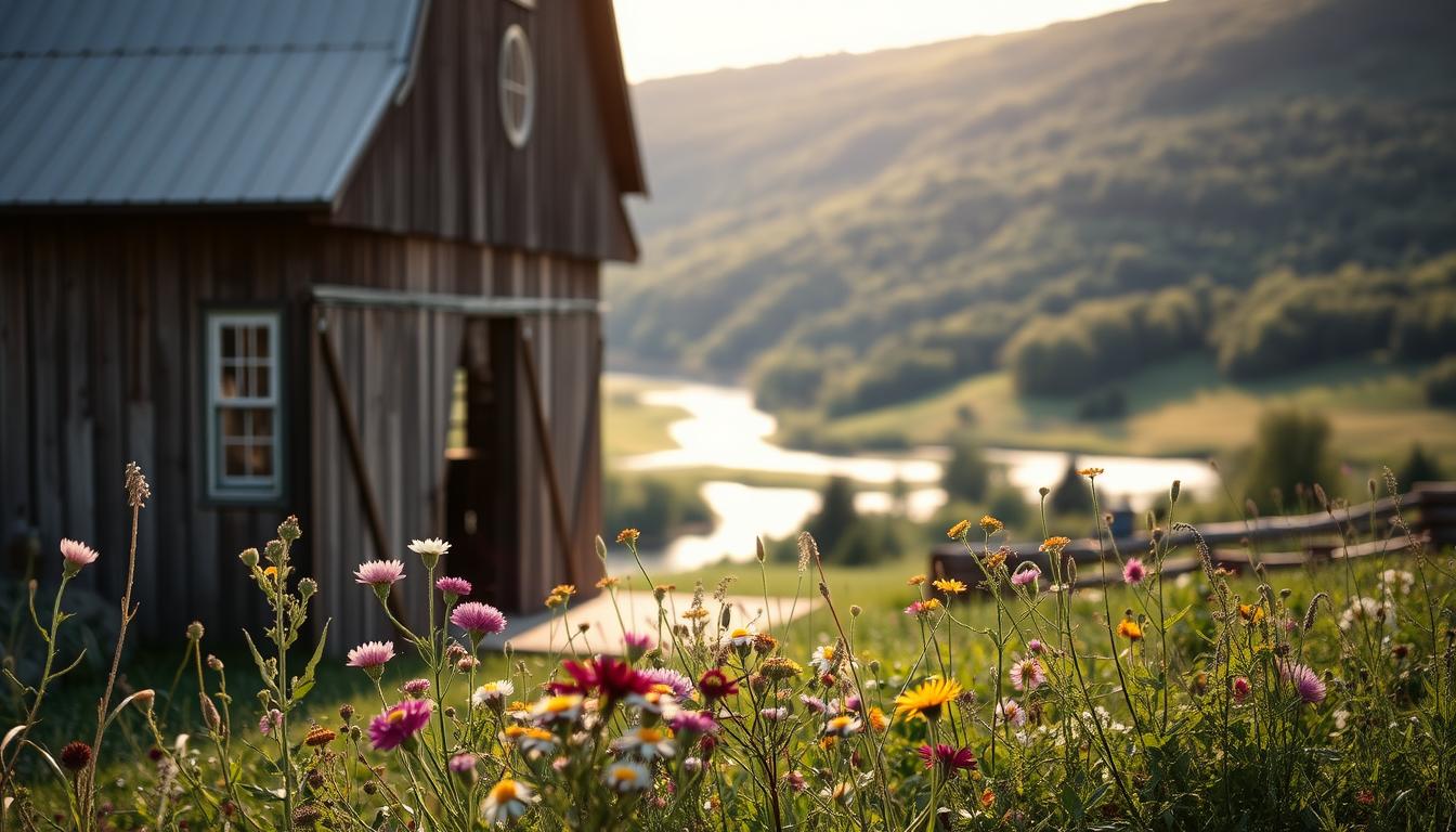 A rustic wedding venue nestled in the lush green hills of upstate New York. The weathered wooden barn stands proudly, its rough-hewn beams and tin roof casting warm, inviting shadows. Clusters of wildflowers bloom in the foreground, their vibrant hues complementing the earthy tones of the surrounding landscape. Soft, natural lighting filters through the open windows, casting a golden glow over the scene. In the distance, a rolling river winds its way through the picturesque countryside, adding a serene, tranquil ambiance. This idyllic setting evokes a sense of timeless elegance, perfectly capturing the essence of a heartfelt, intimate wedding celebration.