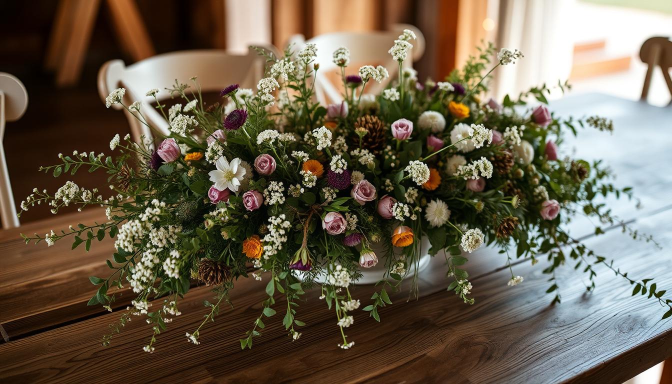 A rustic wooden table adorned with a lush centerpiece of wildflowers, earthy herbs, and textured foliage. The arrangement is casually styled, with sprigs of baby's breath and trailing vines spilling over the edges. Soft, warm lighting casts a gentle glow, creating a cozy, intimate atmosphere. The overall look is effortlessly elegant, reflecting the natural charm of a barn wedding setting. Minimal decorations allow the beauty of the materials to shine, evoking a sense of organic, handcrafted sophistication.