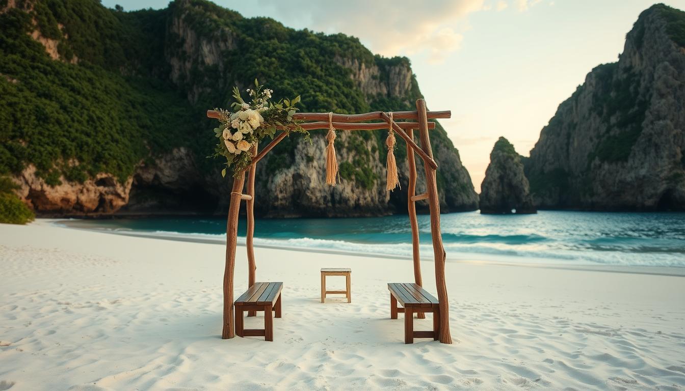 A secluded cove on a private beach, soft white sand and gentle waves lapping the shore. In the foreground, a rustic wooden arch adorned with delicate flowers, creating an intimate setting for a small wedding ceremony. The mid-ground features a handful of wooden benches and a simple, elegant aisle leading to the arch. In the background, towering cliffs with lush greenery provide a natural backdrop, bathed in the warm glow of a sunset. The scene is illuminated by soft, diffused lighting, creating a romantic, serene atmosphere perfect for an intimate beach wedding.