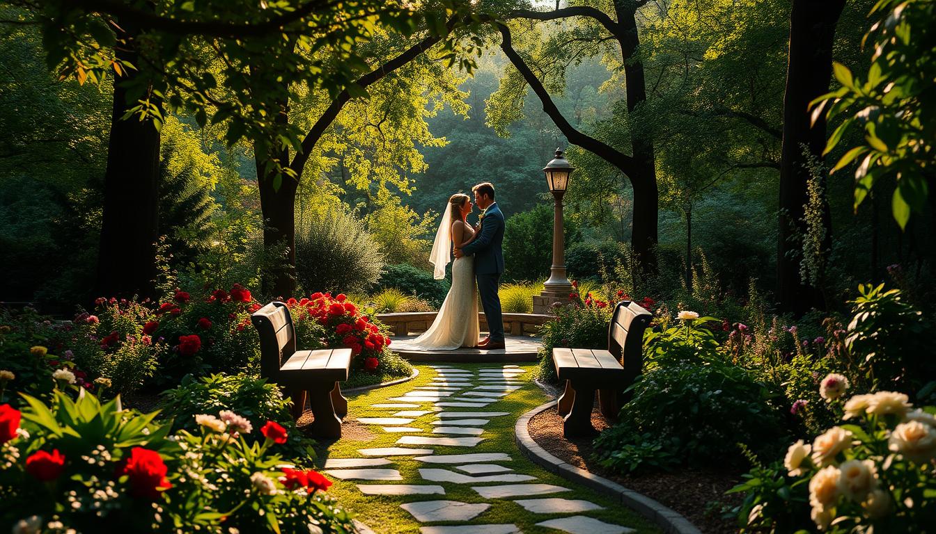 A secluded garden oasis in Central Park, bathed in soft golden light filtering through the lush foliage. Romantic stone benches nestled amidst vibrant blooms and meandering pathways, creating an intimate setting for a wedding ceremony. The background softly blurred, drawing the eye to the couple at the center, their embrace silhouetted against the verdant landscape. A sense of timeless elegance and tranquility pervades the scene, inviting the viewer to imagine the exchange of vows in this enchanting, private sanctuary.