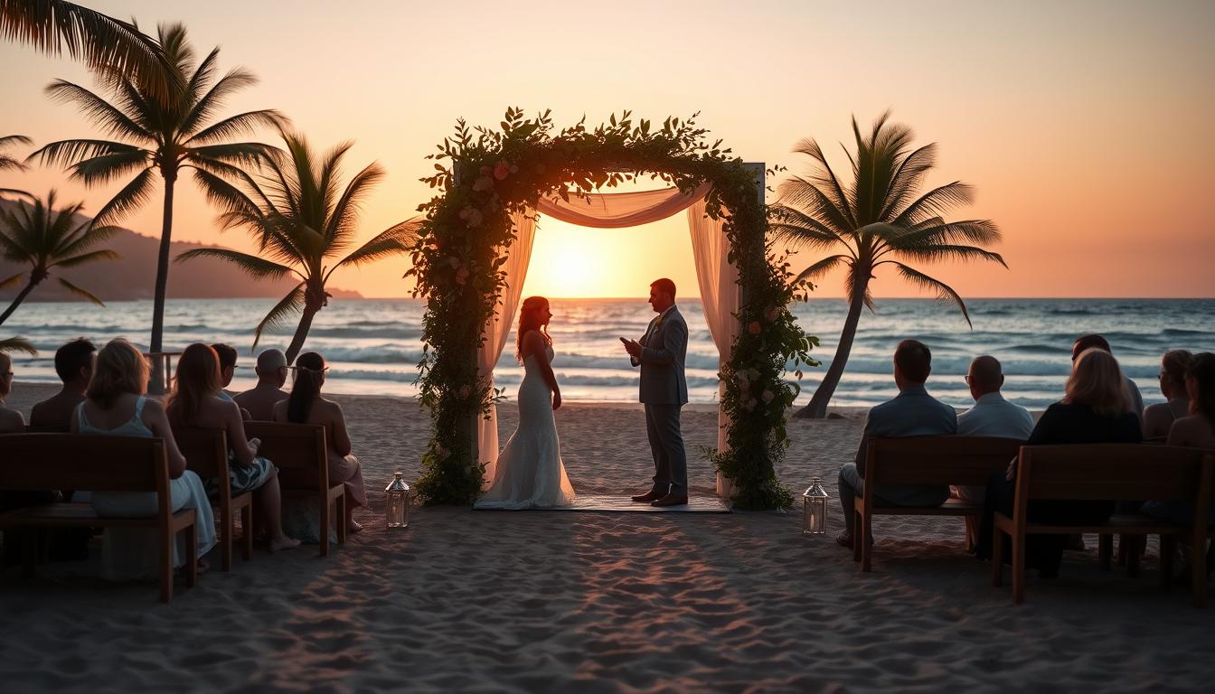 A serene beach scene with golden sand, gently lapping waves, and a picturesque sunset. In the foreground, a couple exchange vows under a romantic arch adorned with lush, tropical foliage. Soft, warm lighting illuminates their faces, capturing the joy and intimacy of their beachside ceremony. In the middle ground, guests seated on wooden benches watch the ceremony, their silhouettes creating a peaceful ambiance. The background features a panoramic view of the ocean, with palm trees swaying in the breeze, creating a breathtaking, natural backdrop for this stunning summer wedding.